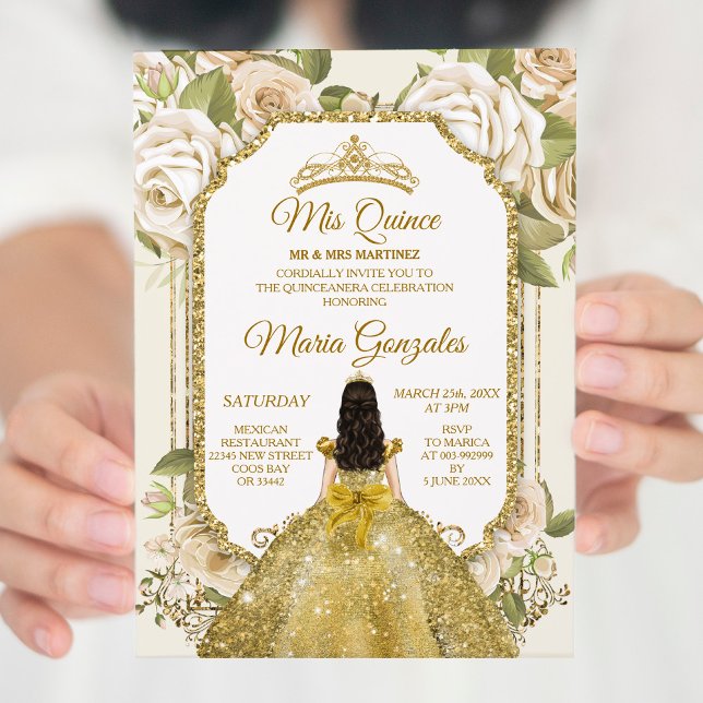 Invitación Quinceanera Oro y Corona de Cumpleaños Floral Blan (Subido por el creador)