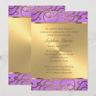 Invitación Quinceanera Orquídea Púrpura y Oro Filigree Nataci