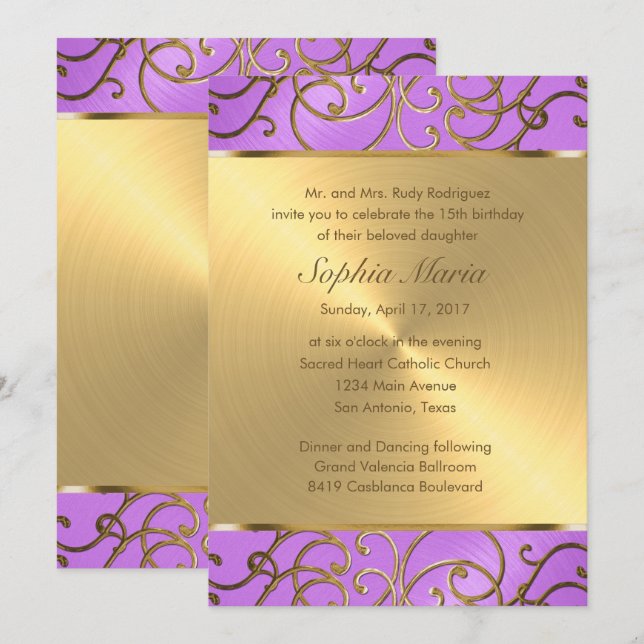 Invitación Quinceanera Orquídea Púrpura y Oro Filigree Nataci (Anverso / Reverso)