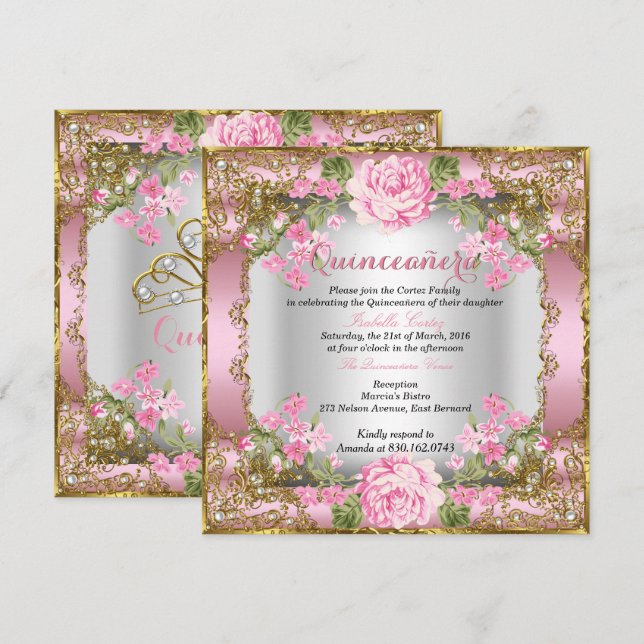 Invitación Quinceanera País Vintado Rosa Floral Gold 2 (Anverso / Reverso)