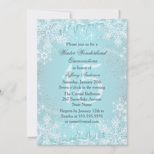 Invitación Quinceañera Paisaje Invernal Copo de Nieve Azul (Anverso)