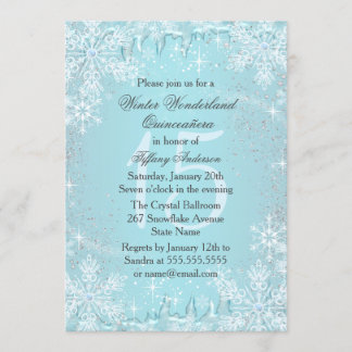 Invitación Quinceañera Paisaje Invernal Copo de Nieve Azul