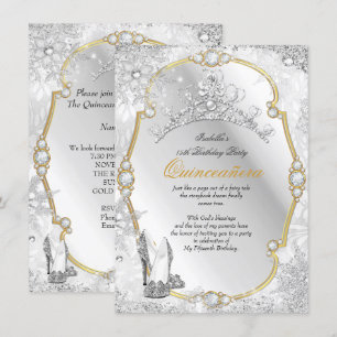 Invitación Quinceañera Paisaje Invernal Copo de Nieve Dorado 