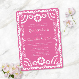 Invitación Quinceañera Papel Picado Elegante Rosa Brillante