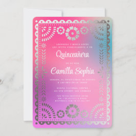 Invitación Quinceañera Papel Picado Gradiente Fun Plata Rosa