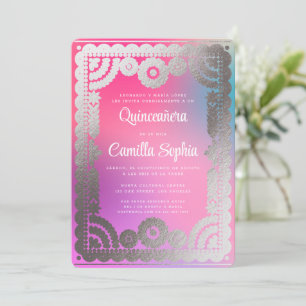 Invitación Quinceañera Papel Picado Gradiente Fun Plata Rosa