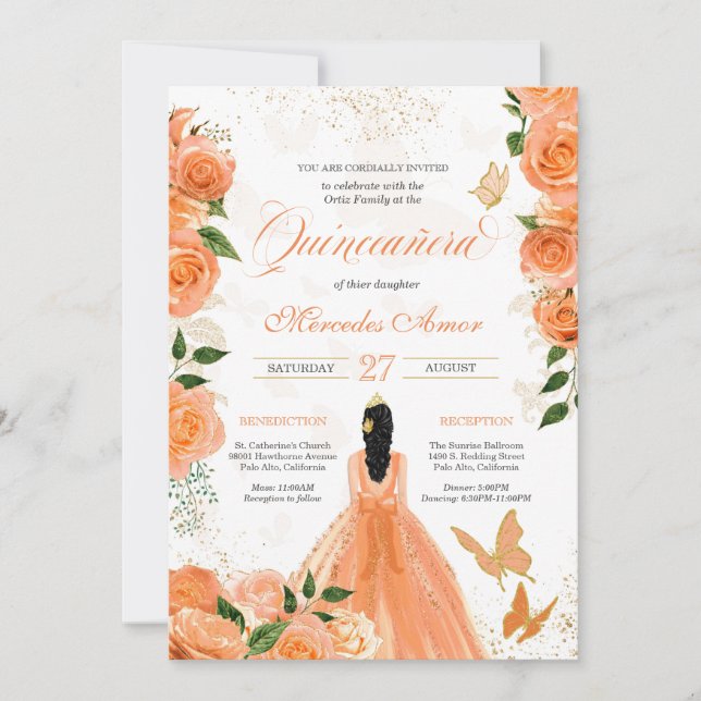 Invitación Quinceanera para mariposas y Rosas de m (Anverso)