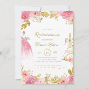 Invitación Quinceañera París Chic Floral Dorada Rosa