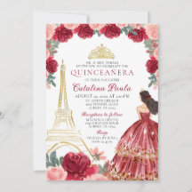 Invitación Quinceañera Paris Tiara Dorada Rosa Roj