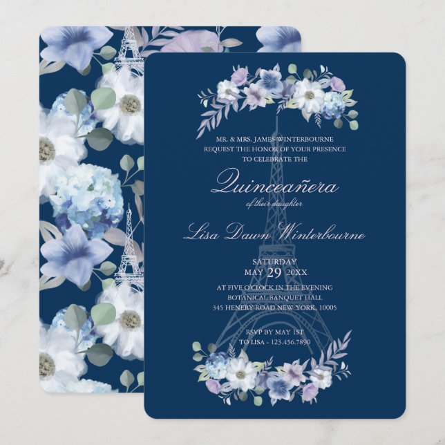 Invitación Quinceañera Paris Torre Eiffel Watercolor Floral (Anverso / Reverso)