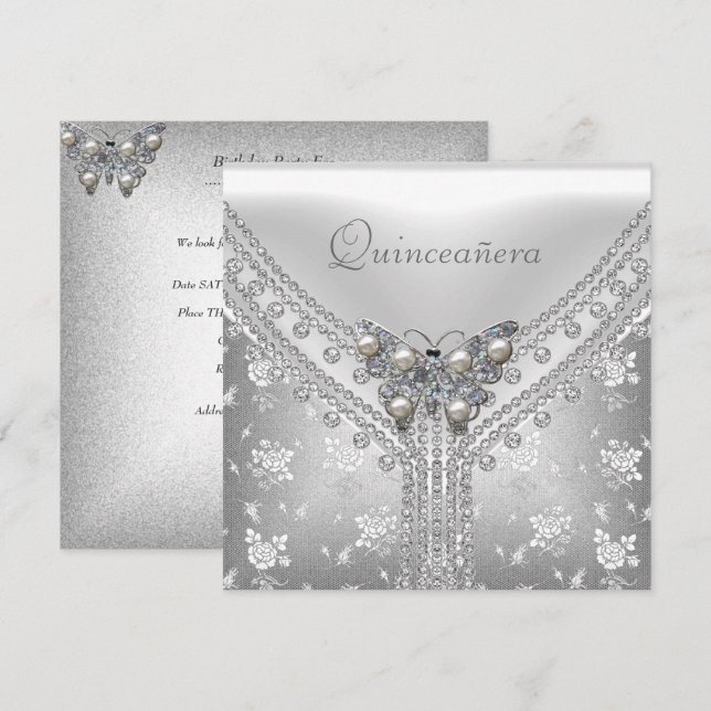 Invitación Quinceanera Partido de Cumpleaños Mariposa Blanca  (Anverso / Reverso)