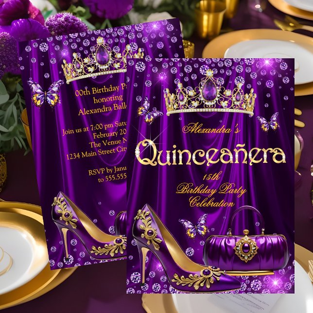 Invitación Quinceanera party Purple Tiara High heel gold (Subido por el creador)