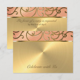 Invitación Quinceanera Peach y Gold Filigree Swirls
