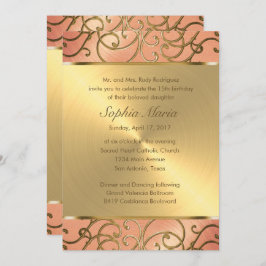 Invitación Quinceanera Peach y Gold Filigree Swirls