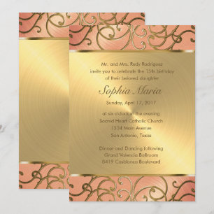 Invitación Quinceanera Peach y Gold Filigree Swirls