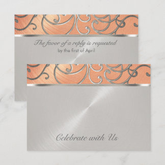 Invitación Quinceanera Peach y Silver Filigree Swirls