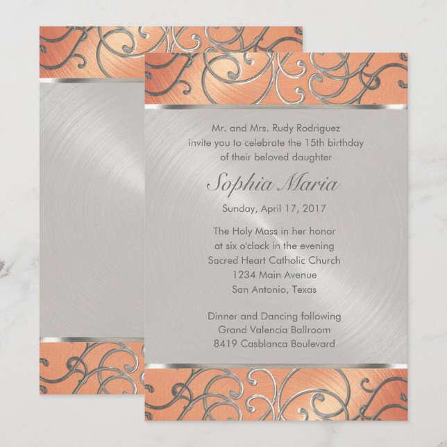 Invitación Quinceanera Peach y Silver Filigree Swirls (Anverso / Reverso)