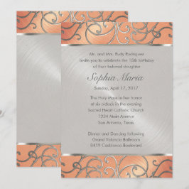 Invitación Quinceanera Peach y Silver Filigree Swirls