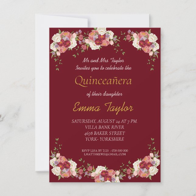 Invitación Quinceañera Peony Floral Borgoña Cumpleaños (Anverso)