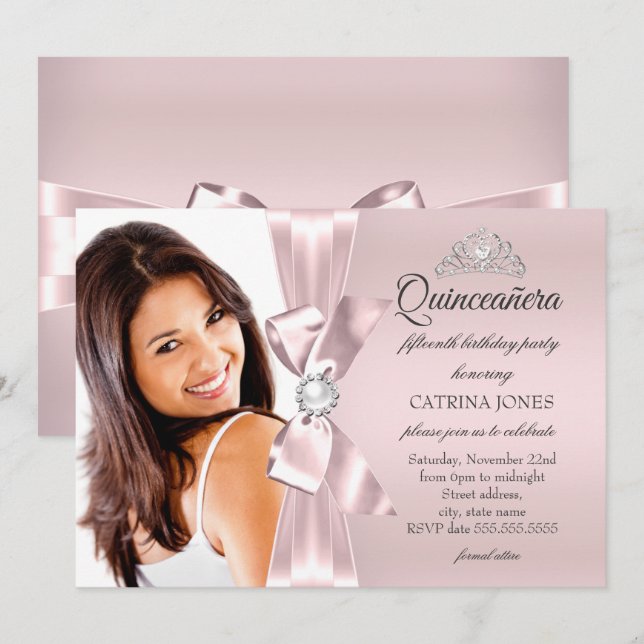 Invitación Quinceanera Perla de diamante rosa Tiara (Anverso / Reverso)