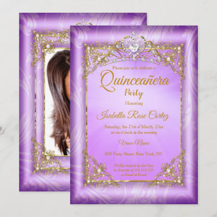 Invitación Quinceañera perla púrpura foto Tiara dorada fiesta