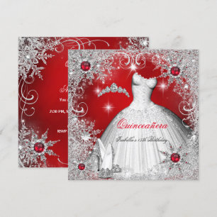 Invitación Quinceañera Perla Roja Plateada Copos de Nieve de