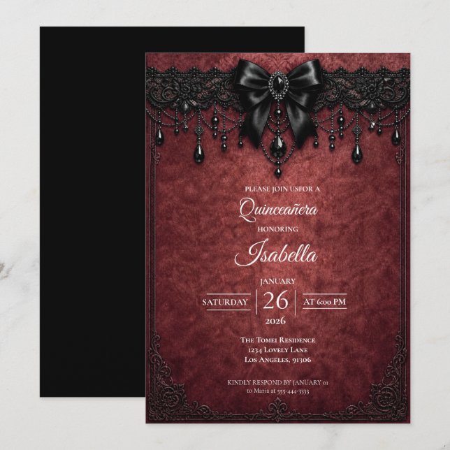 Invitación Quinceañera perlas Arco Rojo Gótico (Anverso / Reverso)