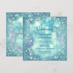 Invitación Quinceañera Perlas Azul Turquesa Cielo Oceánico Cu