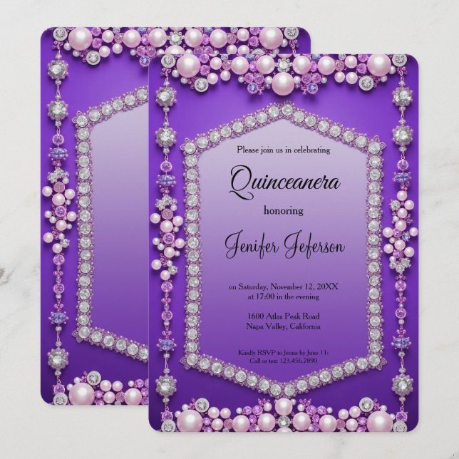 Invitación Quinceañera perlas joya moderna (Anverso / Reverso)