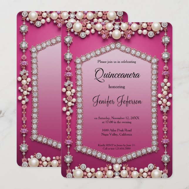 Invitación Quinceañera perlas joya moderna (Anverso / Reverso)