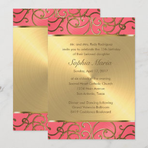 Invitación Quinceanera Pink and Gold Filigree Swirls