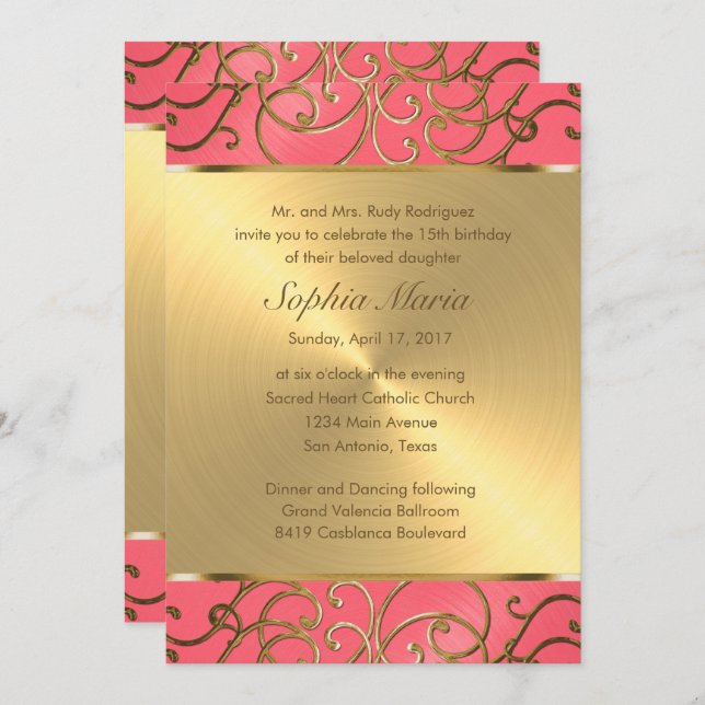 Invitación Quinceanera Pink and Gold Filigree Swirls (Anverso / Reverso)