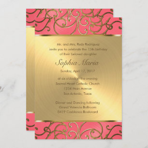 Invitación Quinceanera Pink and Gold Filigree Swirls