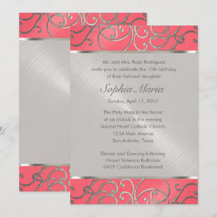 Invitación Quinceanera Pink and Silver Filigree Swirls