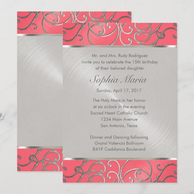 Invitación Quinceanera Pink and Silver Filigree Swirls (Anverso / Reverso)