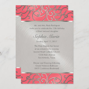 Invitación Quinceanera Pink and Silver Filigree Swirls