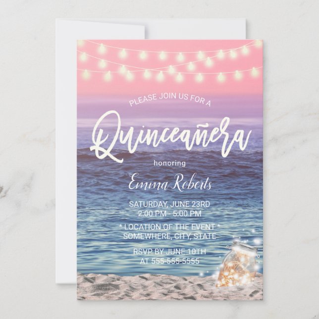 Invitación Quinceanera Pink Beach Mason Jar String Light (Anverso)