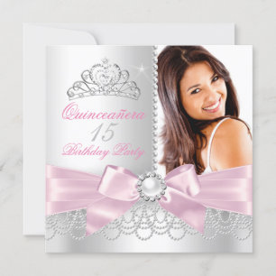 Invitación Quinceanera Pink Bow white Pearls Foto Cumpleaños