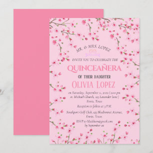 Invitación Quinceañera Pink Cherry Blossom Floral Cumpleaños