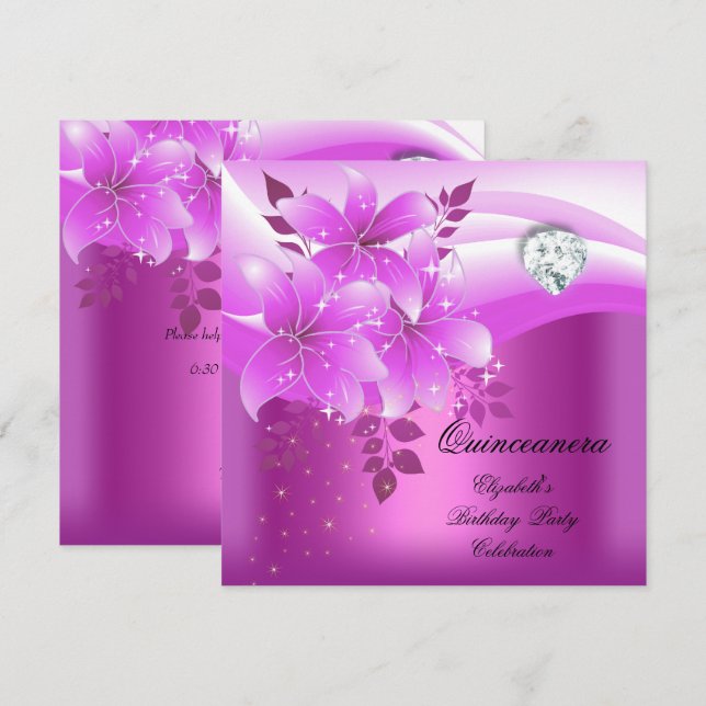 Invitación Quinceanera Pink Floral Diamond Birday Party (Anverso / Reverso)