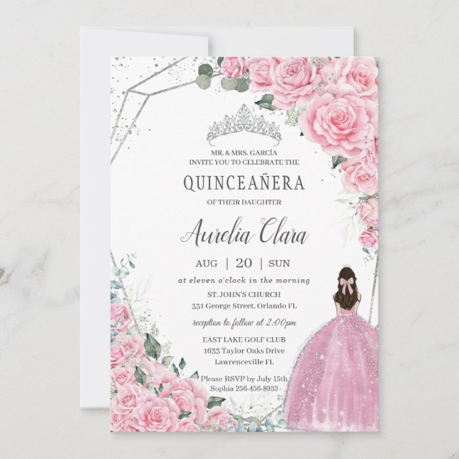 Invitación Quinceañera Pink Floral Princesa Plata Cumpleaños (Anverso)
