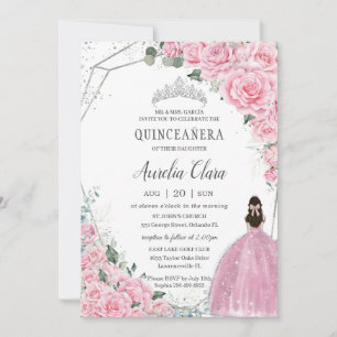 Invitación Quinceañera Pink Floral Princesa Plata Cumpleaños