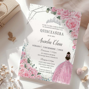 Invitación Quinceañera Pink Floral Princesa Plata Cumpleaños