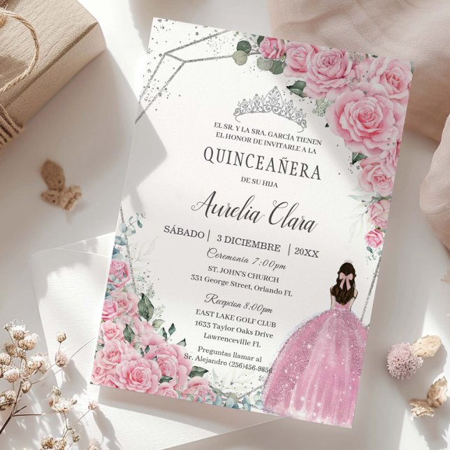 Invitación Quinceañera Pink Floral Princesa Plata Cumpleaños (Subido por el creador)