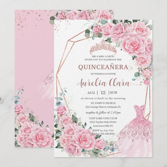 Invitación Quinceanera Pink Floral Princess Dress Rose Gold (Anverso / Reverso)