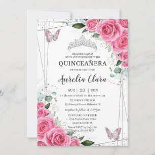 Invitación Quinceañera Pink Fuchsia Floral Silver Butterflies