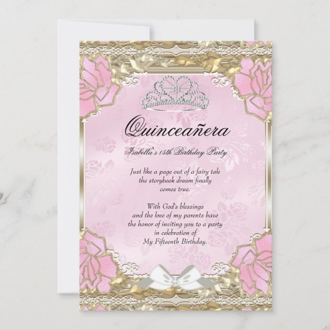 Invitación Quinceanera Pink Gold Birday Tiara (Anverso)