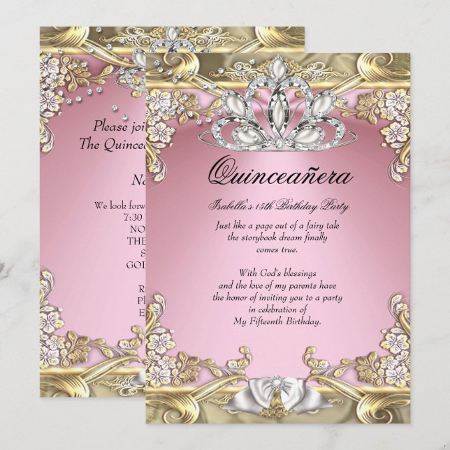Invitación Quinceanera Pink Gold Fiesta de cumpleaños número  (Anverso / Reverso)