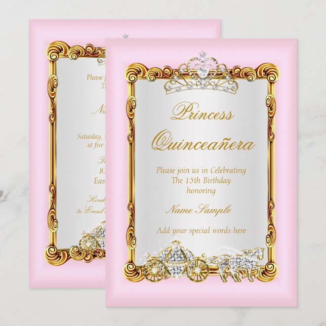 Invitación Quinceanera Pink Gold Horse Carrise Fairytale (Anverso / Reverso)