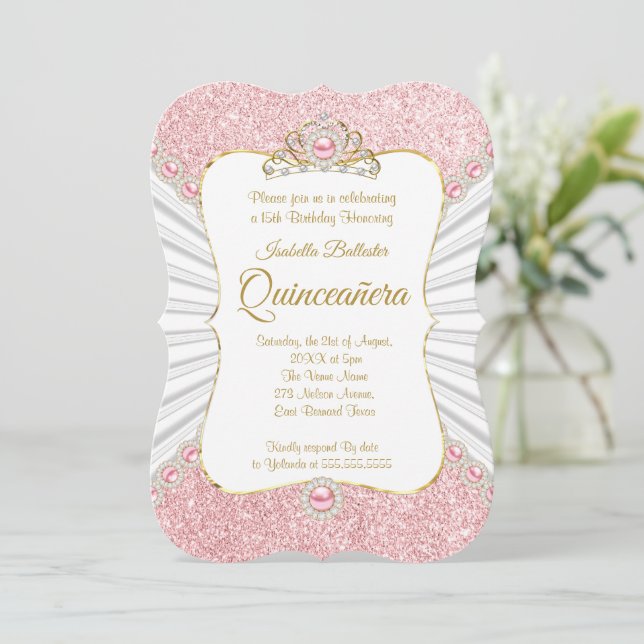 Invitación Quinceanera Pink Pearls Gold Fiesta de cumpleaños  (Anverso de pie)